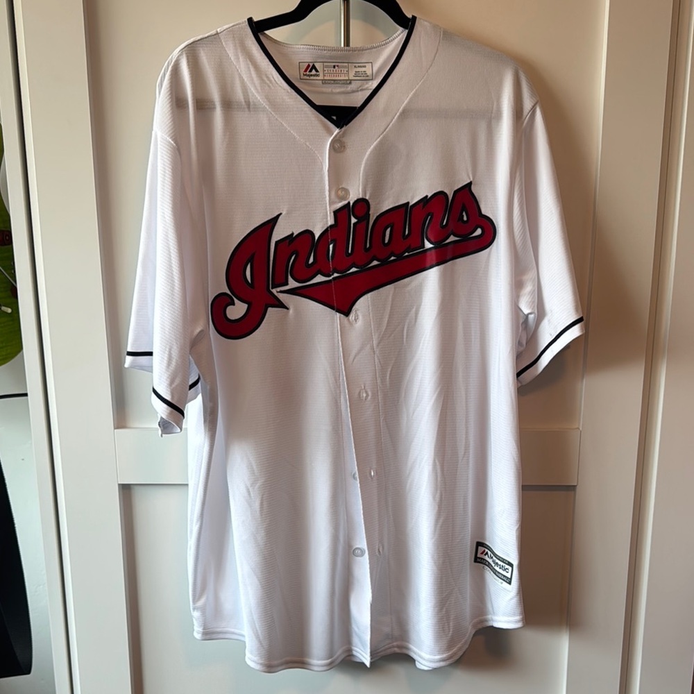 Majestic White Indians Kluber Jersey with Red and Black Details